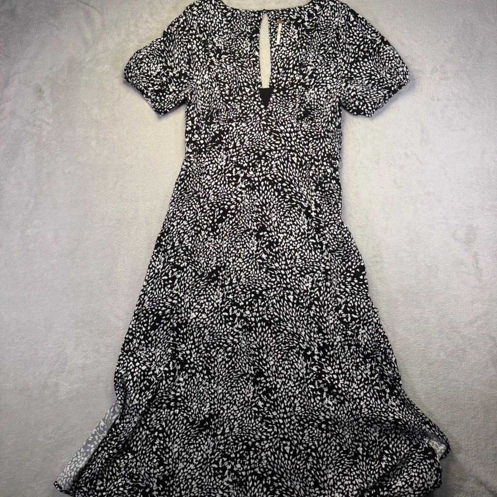 Free People Black White Abstract Print Midi Dress Side Slit Puff Sleeve Size 4